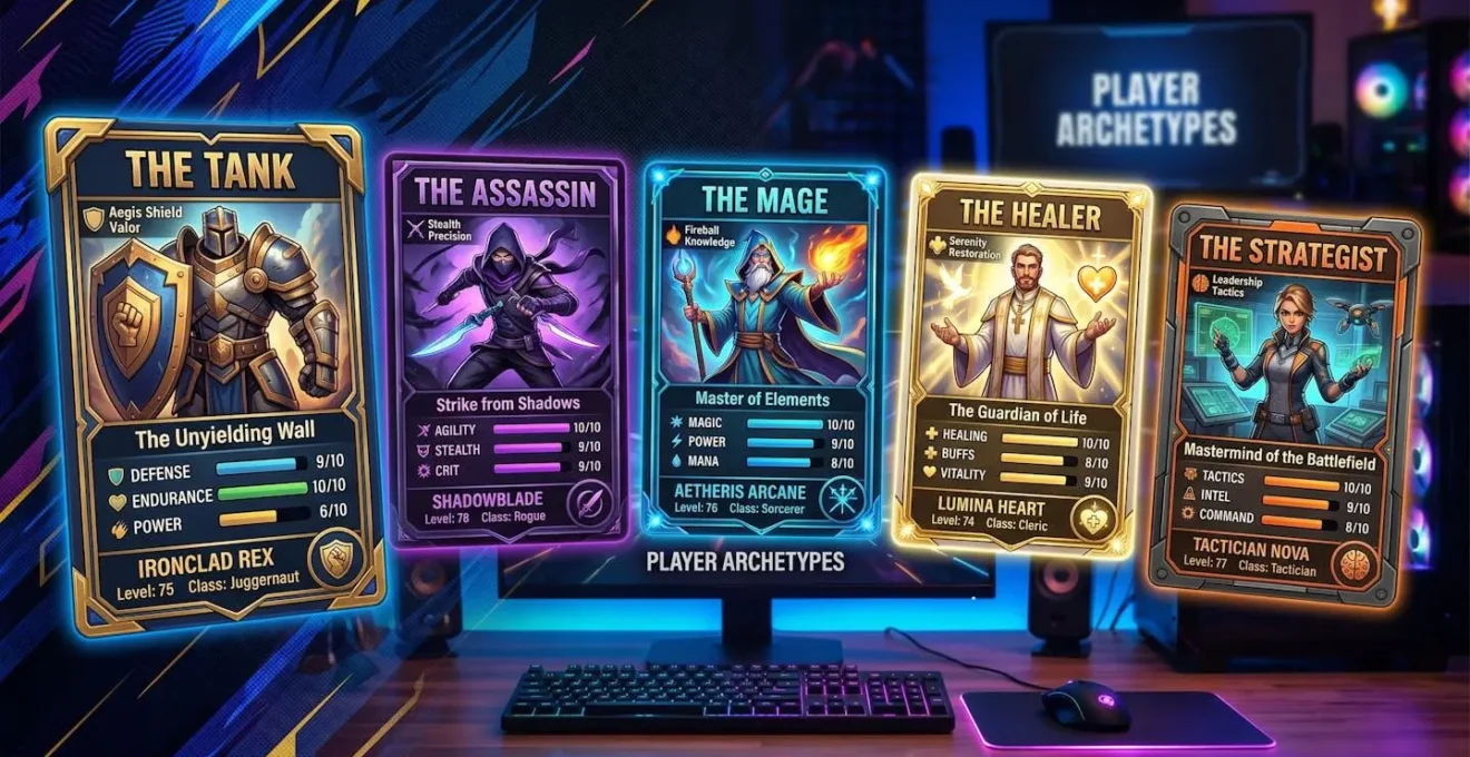 Cartes de profils de joueurs personnalisées, stylisées et partageables, symbolisant les archétypes de jeu.
