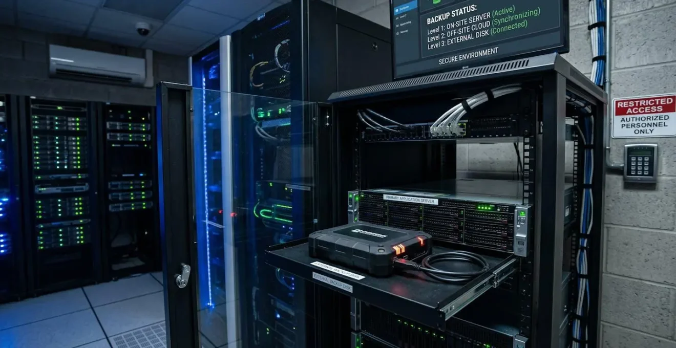 Système de sauvegarde en trois niveaux avec serveur, cloud et disque externe dans un environnement sécurisé