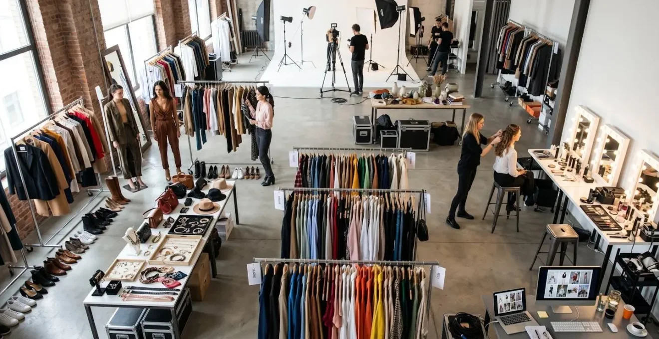 Vue d'ensemble d'un studio de création avec plusieurs tenues et accessoires organisés pour une session de tournage
