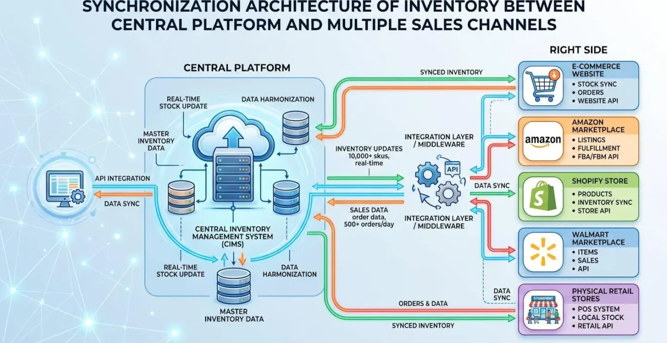 Architecture de synchronisation des stocks entre plateforme centrale et canaux de vente multiples