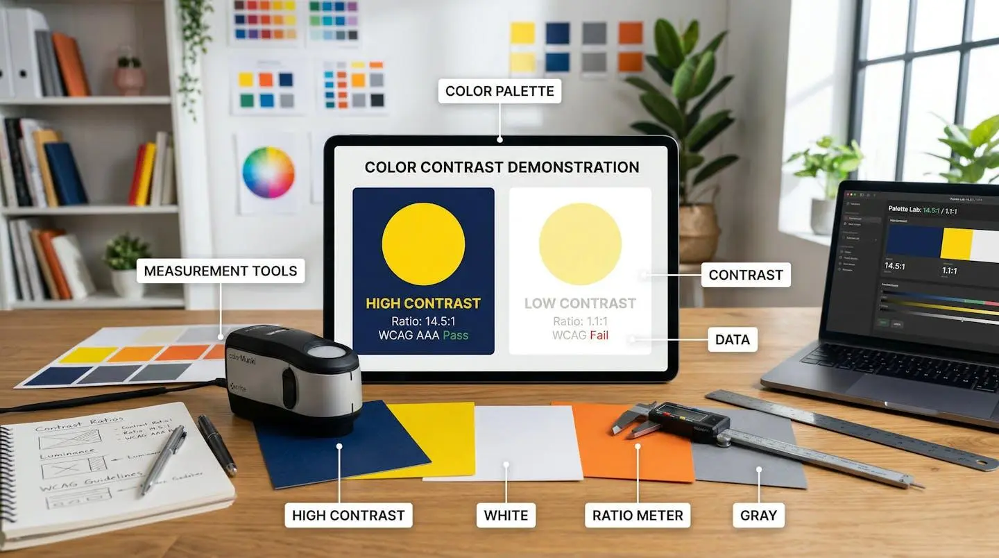 Démonstration visuelle du contraste des couleurs avec palette de teintes et outils de mesure