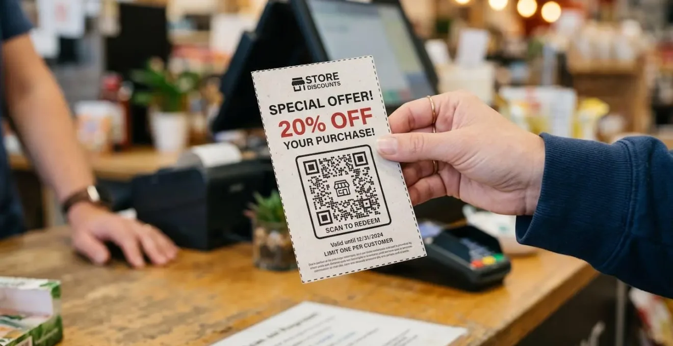 Gros plan sur un QR code unique imprimé sur un coupon, tenu par une main au-dessus d'un comptoir de magasin
