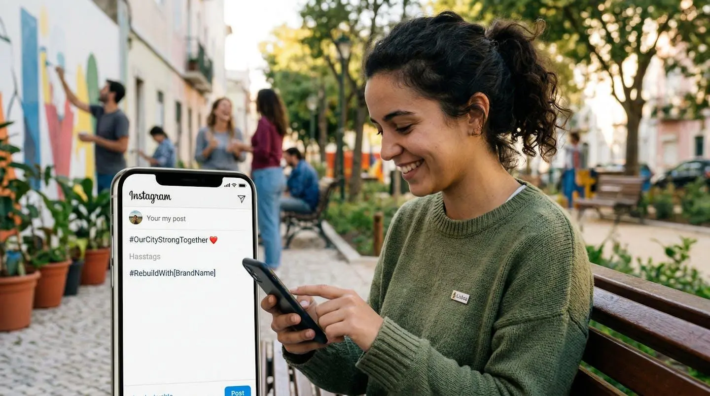 Création de contenu utilisateur avec hashtag de marque sur smartphone, illustrant une campagne post-crise.