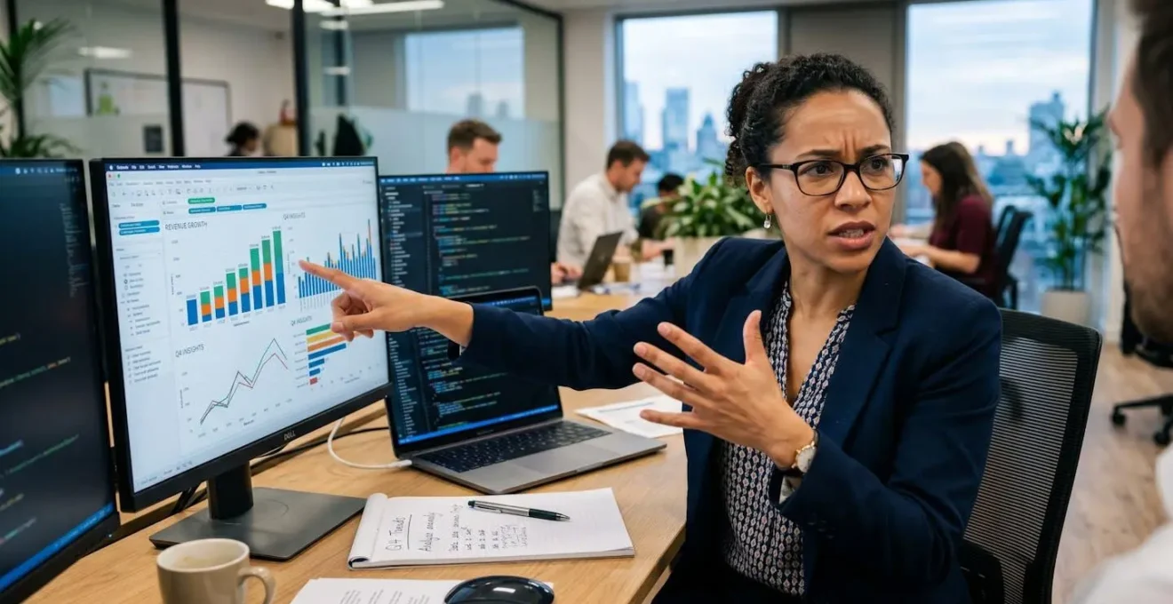 Personne analysant des données avec expression concentrée et gestes explicatifs