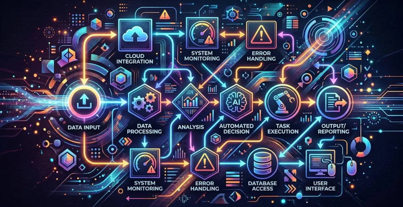 Diagramme abstrait de flux de travail automatisé avec formes géométriques interconnectées