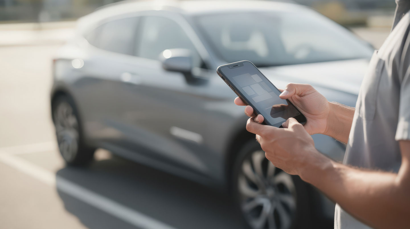 Une personne utilise une application mobile pour réserver une voiture entre particuliers