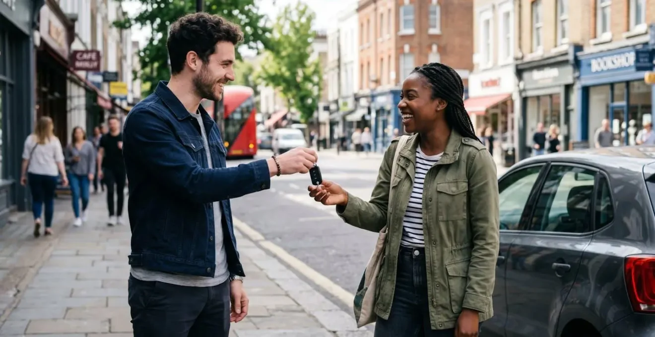 Un propriétaire remet les clés de sa voiture à un locataire particulier devant un immeuble urbain